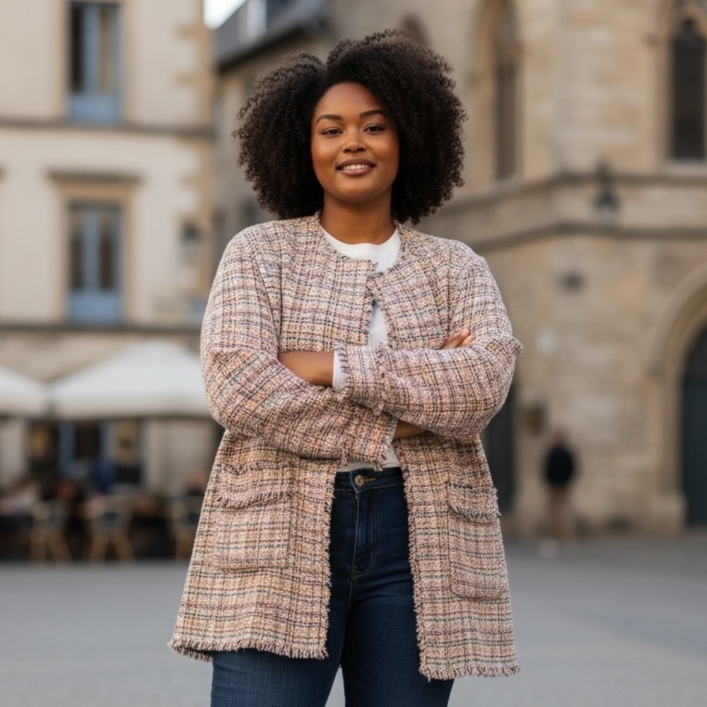 Chanel style Bouclé Tweed Longline Blazer Jacket in Pink Multi